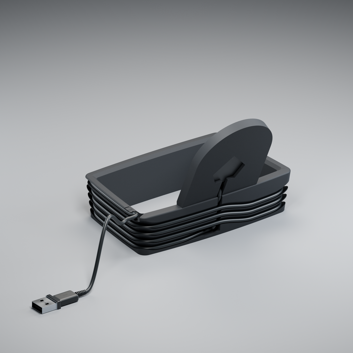 Rear of assembled Puck Frame, showing the charger feed, cable winding and cable exit beside the upright.