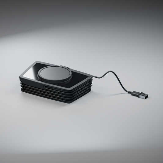 Flatboy assembled with a horizontal charging puck, glossy black acrylic surround, wound charging cable and USB-A plug.