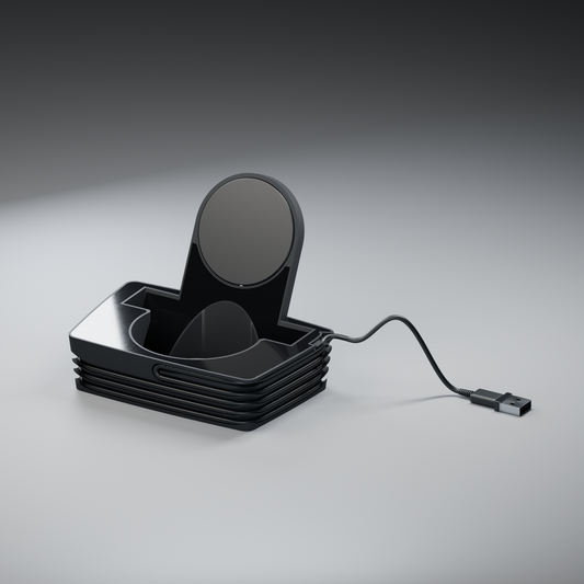 Puck Cup assembled with glossy black acrylic, upright charging puck, wound cable and USB-A plug.