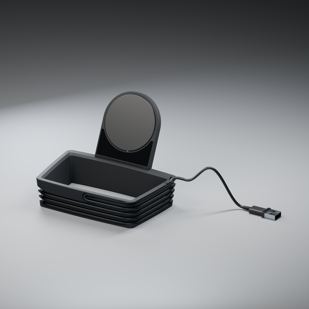 Puck Frame assembled with an upright charging puck, black acrylic face, open console frame, wound cable and USB-A plug.